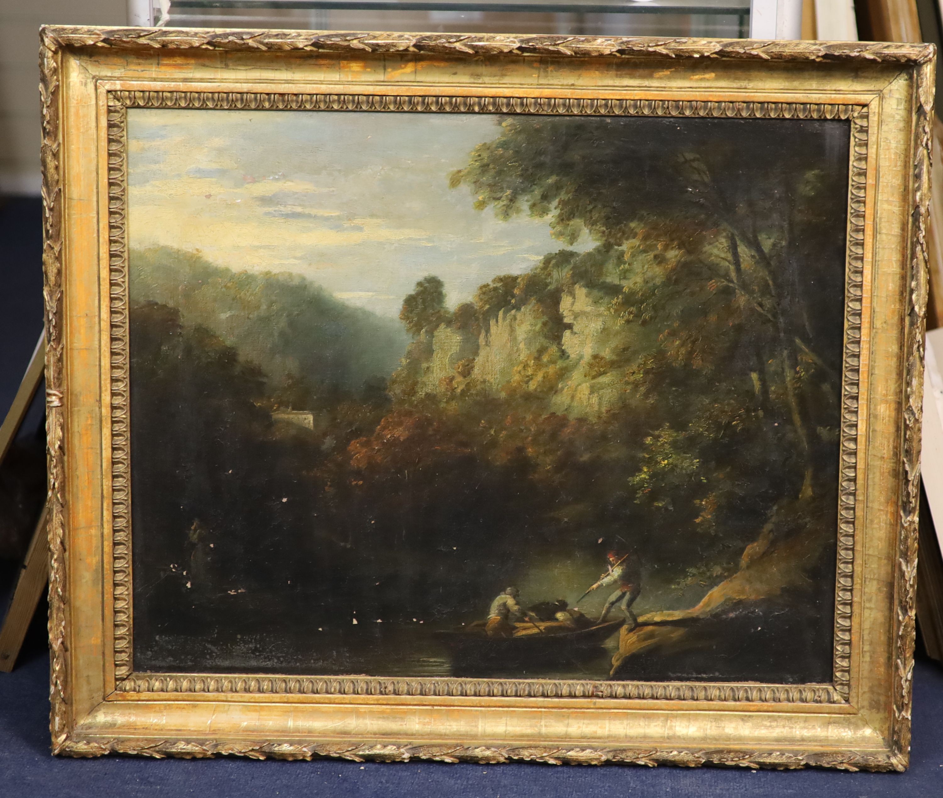 18th century English School, Italianate landscape with figures alighting upon a boat, Oil on canvas, 51 x 64cm.